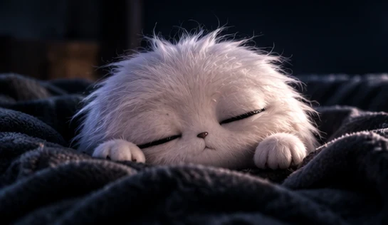 Moffu sleeping under a dark blanket